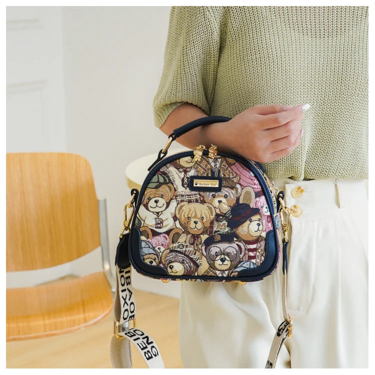 round Handbag Trend Crossbody Bag For Girl Women's Shoulder Bag Circular 2023 Fashion Bear Jacquard Pattern Lady Messenger Bag