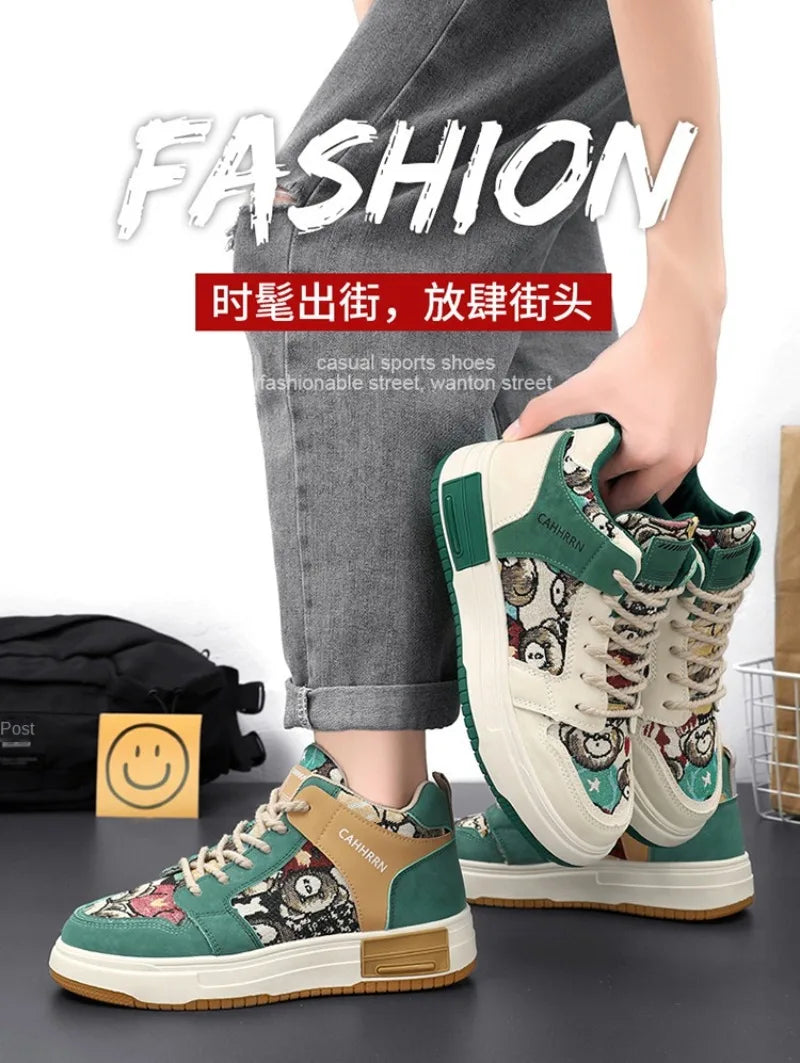 Men Sneakers Thick-soled High Sports for Men lovely Bear Canvas Men Shoes Platform Breathable Skateboarding Shoe Tenis Masculino