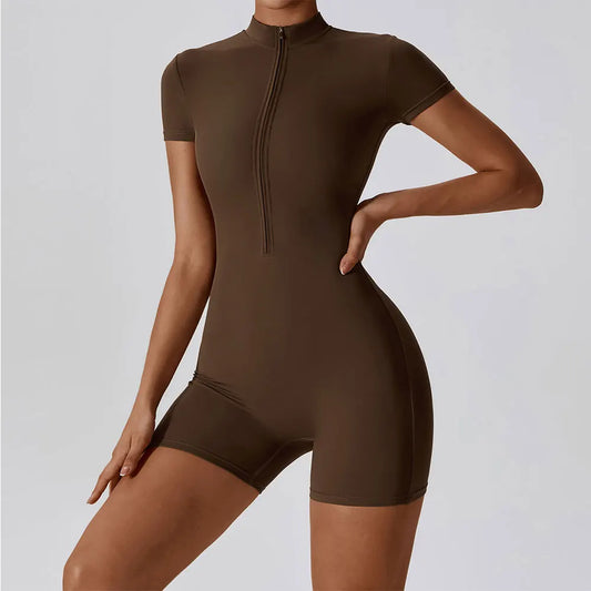 Yoga Set Women's One-Piece Suit Zipper Short Sleeve Gym Push Up Workout Clothes
