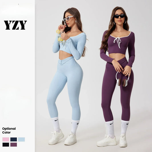 Seamless Yoga Sets Sports Fitness High Waist Hip Raise Pants Long-Sleeved