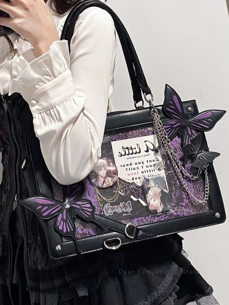 Y2K Labyrinth Butterfly Spider Web Letter Chain Handbags DIY Transparent Ita Bag Lolita Gothic Tote Vintage Fashion Shoulder Bag