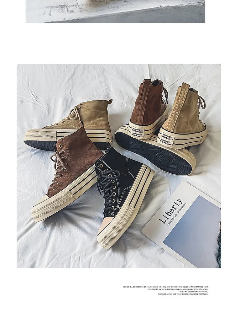 Vintage Brown Couples Casual Sneakers Comfort Suede Thick Sole Men's Shoes Trend Lace-up High Top Shoes Mens Vulcanized Sneakers