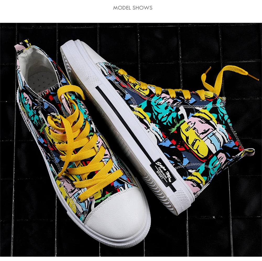 Couple Colorful Canvas Shoes Men High-top Lace Up Flats Graffiti Vamp Female Spring Summer Casual Sneakers Size 35-44 Chaussure