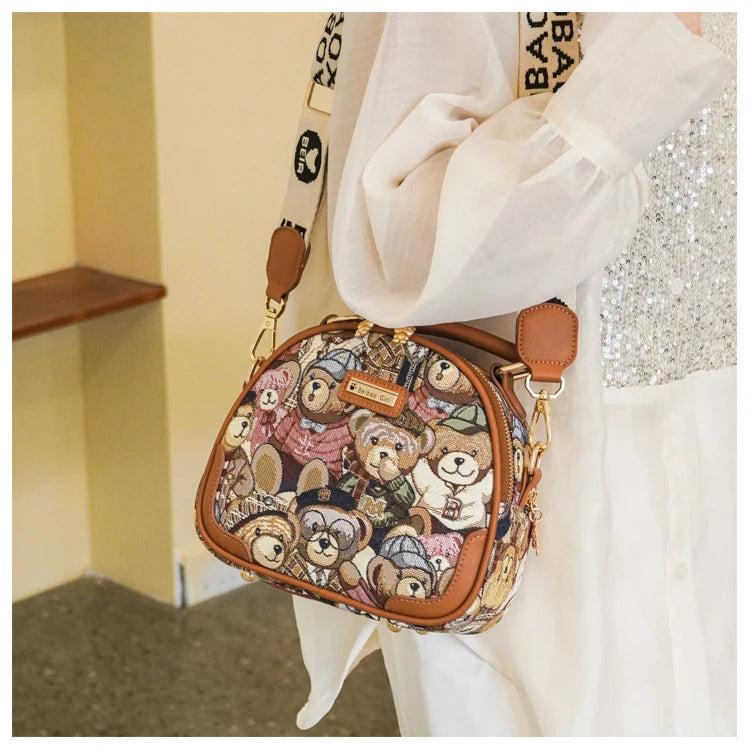 round Handbag Trend Crossbody Bag For Girl Women's Shoulder Bag Circular 2023 Fashion Bear Jacquard Pattern Lady Messenger Bag