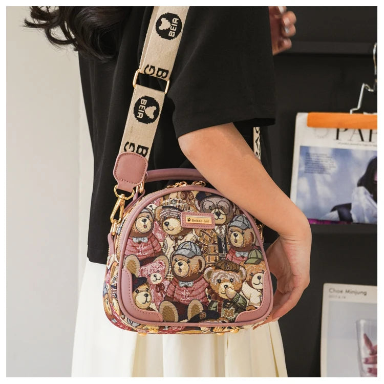 round Handbag Trend Crossbody Bag For Girl Women's Shoulder Bag Circular 2023 Fashion Bear Jacquard Pattern Lady Messenger Bag