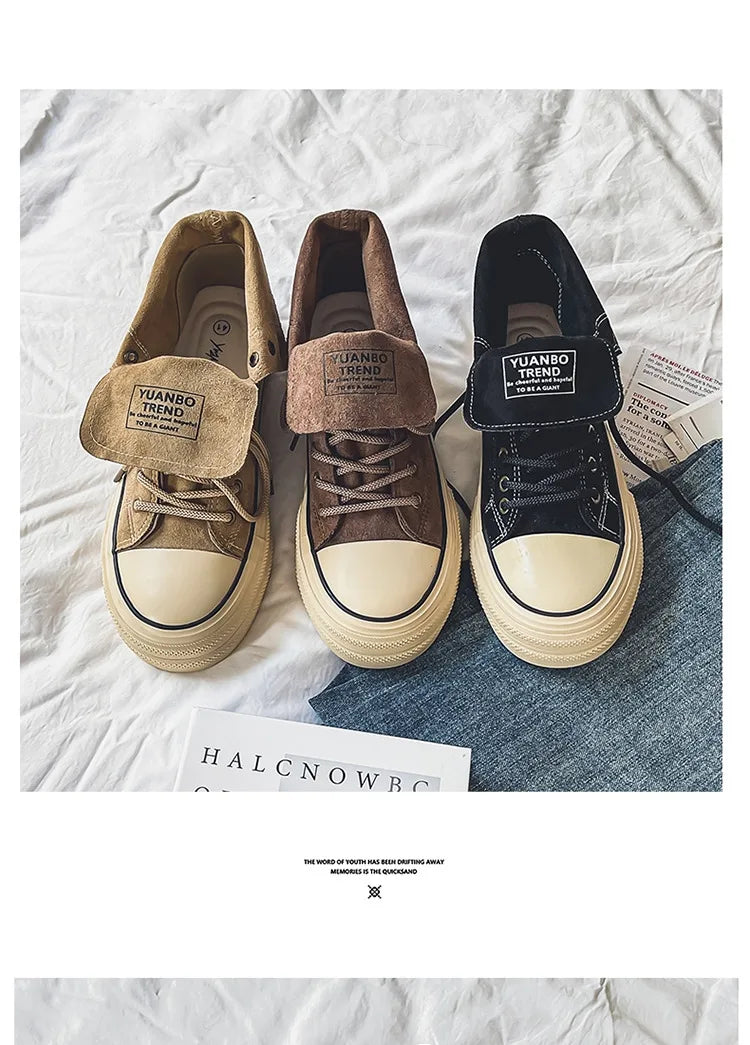 Vintage Brown Couples Casual Sneakers Comfort Suede Thick Sole Men's Shoes Trend Lace-up High Top Shoes Mens Vulcanized Sneakers