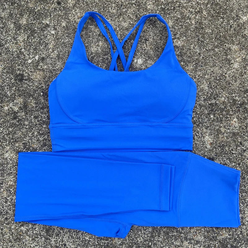 Solid Color Gym Fitness Set Tight Soft cross Fitness Bra 2pc