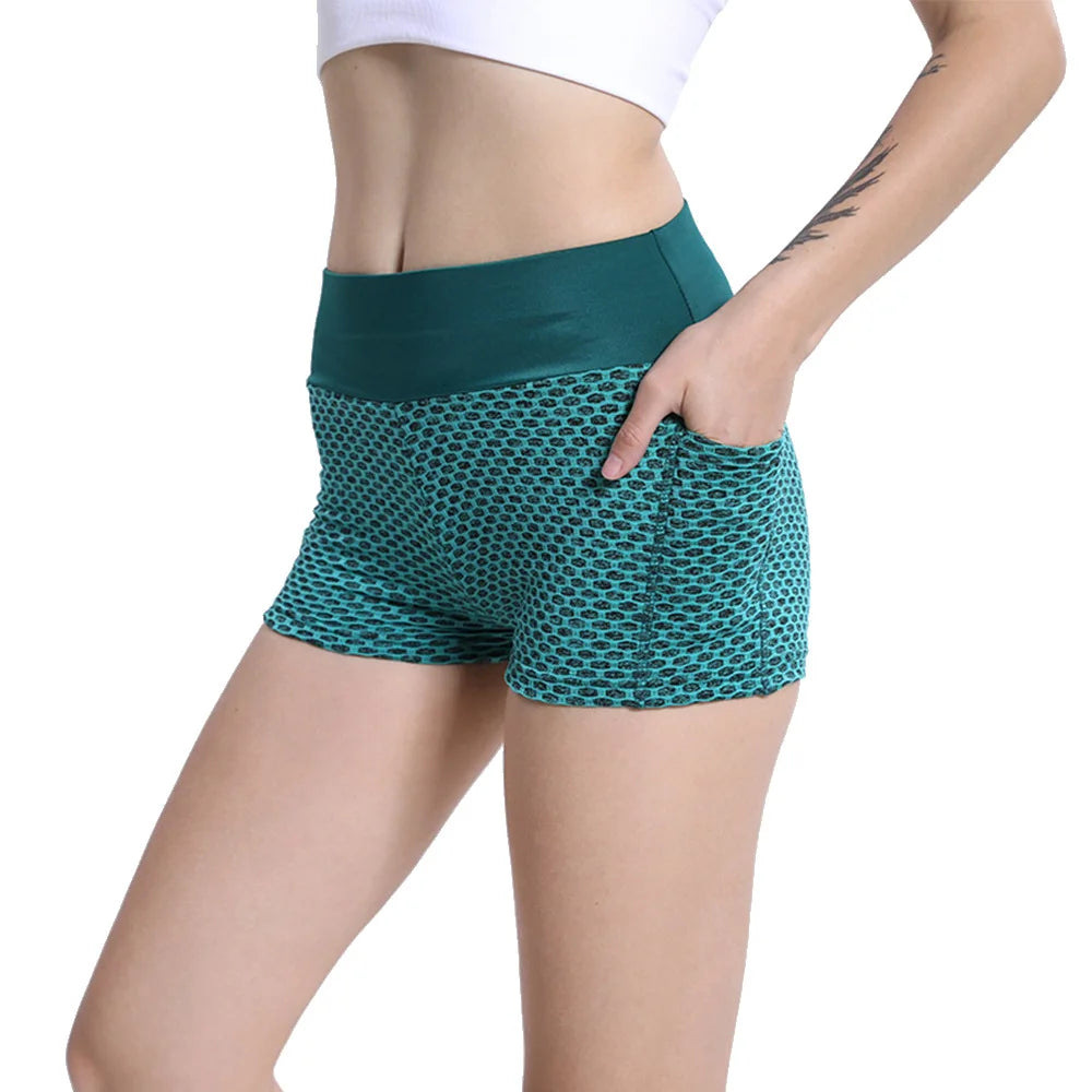Women elasticity gym shorts with pockets hip lifting running yoga leggings short high waist Breathable quick dry sports shorts