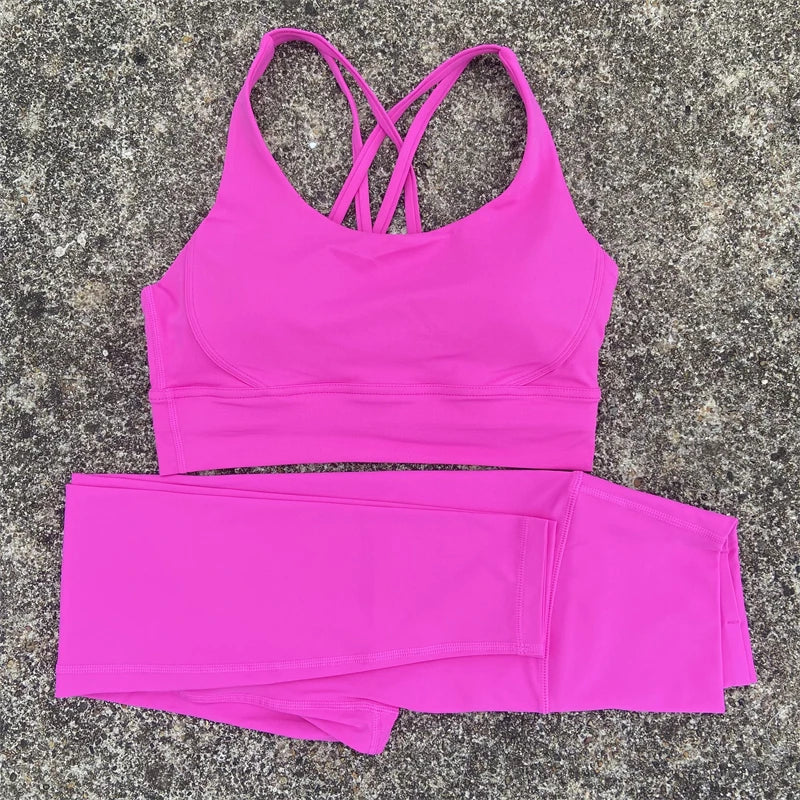 Solid Color Gym Fitness Set Tight Soft cross Fitness Bra 2pc