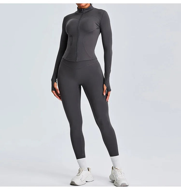 2PCS Yoga Set Workout Clothes Long Sleeve Jacket Gym Crop Top High Waist Leggings