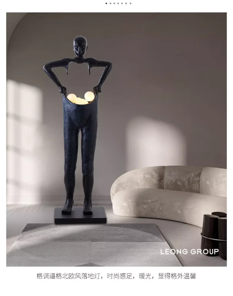 Nordic Humanoid Sculpture Floor Lamp Long Arm Holding Ball Creative Design Exhibition Hall, Living Room Ornaments, Standing Lamp