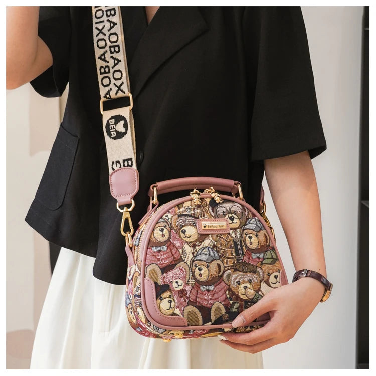 round Handbag Trend Crossbody Bag For Girl Women's Shoulder Bag Circular 2023 Fashion Bear Jacquard Pattern Lady Messenger Bag