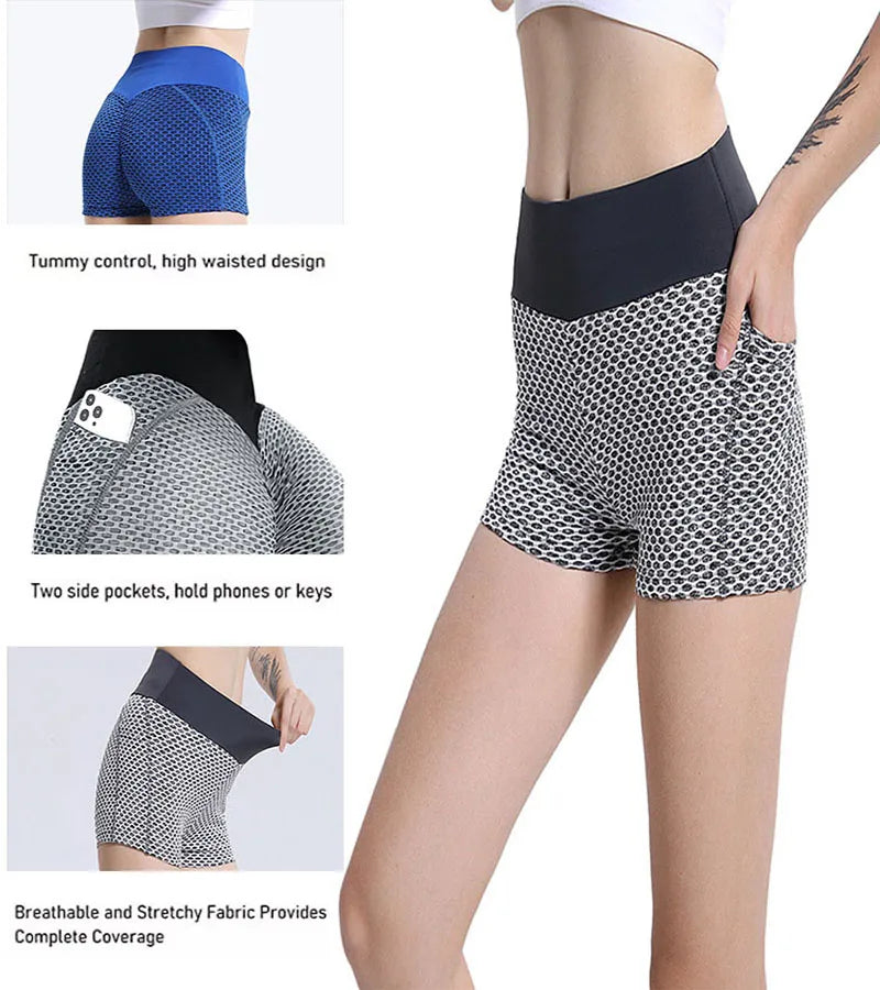 Women elasticity gym shorts with pockets hip lifting running yoga leggings short high waist Breathable quick dry sports shorts