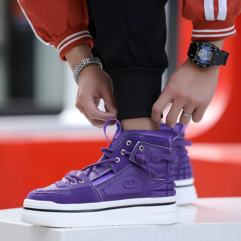 New Mens Designer Purple Sneakers Comfortable Lace Up Platform Shoes Men Streetwear High Top Sneakers Men Fashion Trainers Shoes