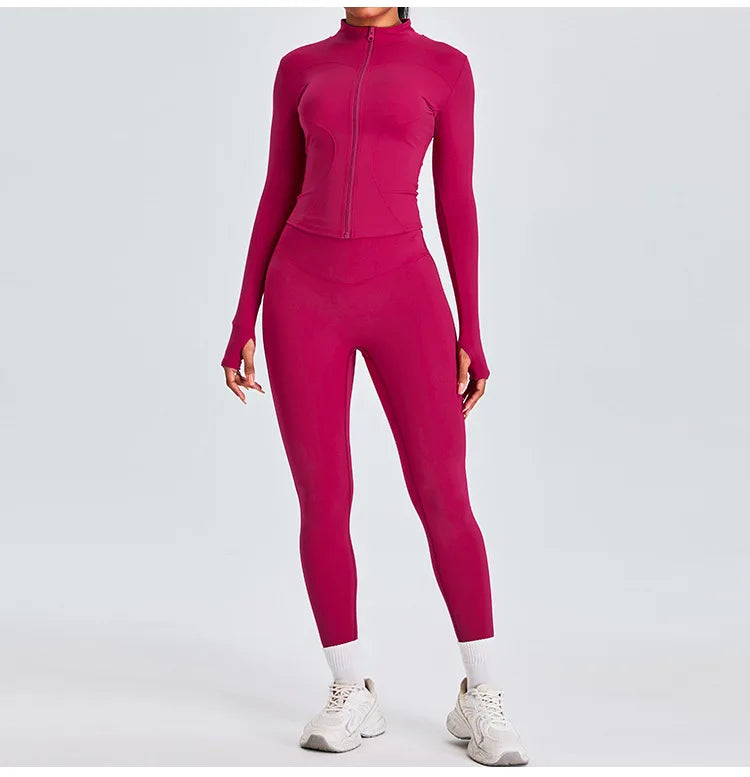 2PCS Yoga Set Workout Clothes Long Sleeve Jacket Gym Crop Top High Waist Leggings