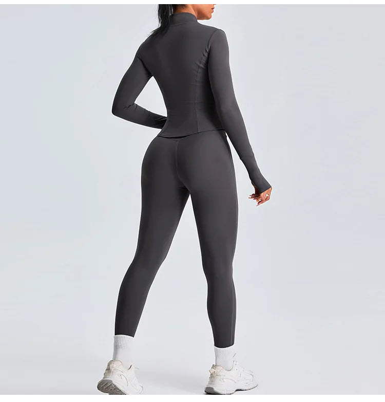 2PCS Yoga Set Workout Clothes Long Sleeve Jacket Gym Crop Top High Waist Leggings