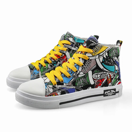 Couple Colorful Canvas Shoes Men High-top Lace Up Flats Graffiti Vamp Female Spring Summer Casual Sneakers Size 35-44 Chaussure