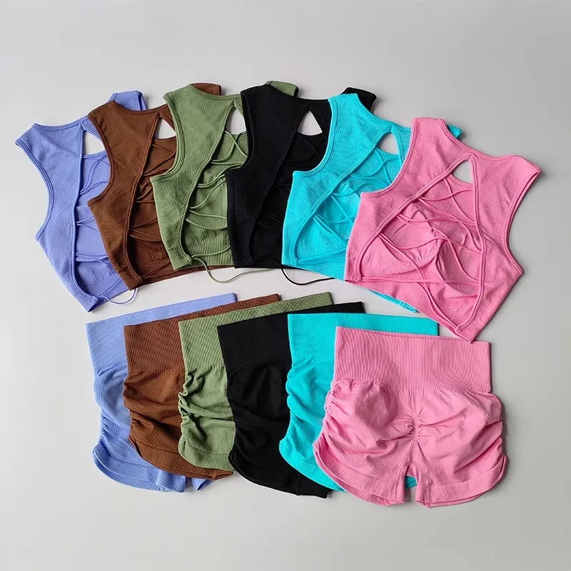 Backless Vest Yoga Exercise Fitness Suit Lifting Shorts Set