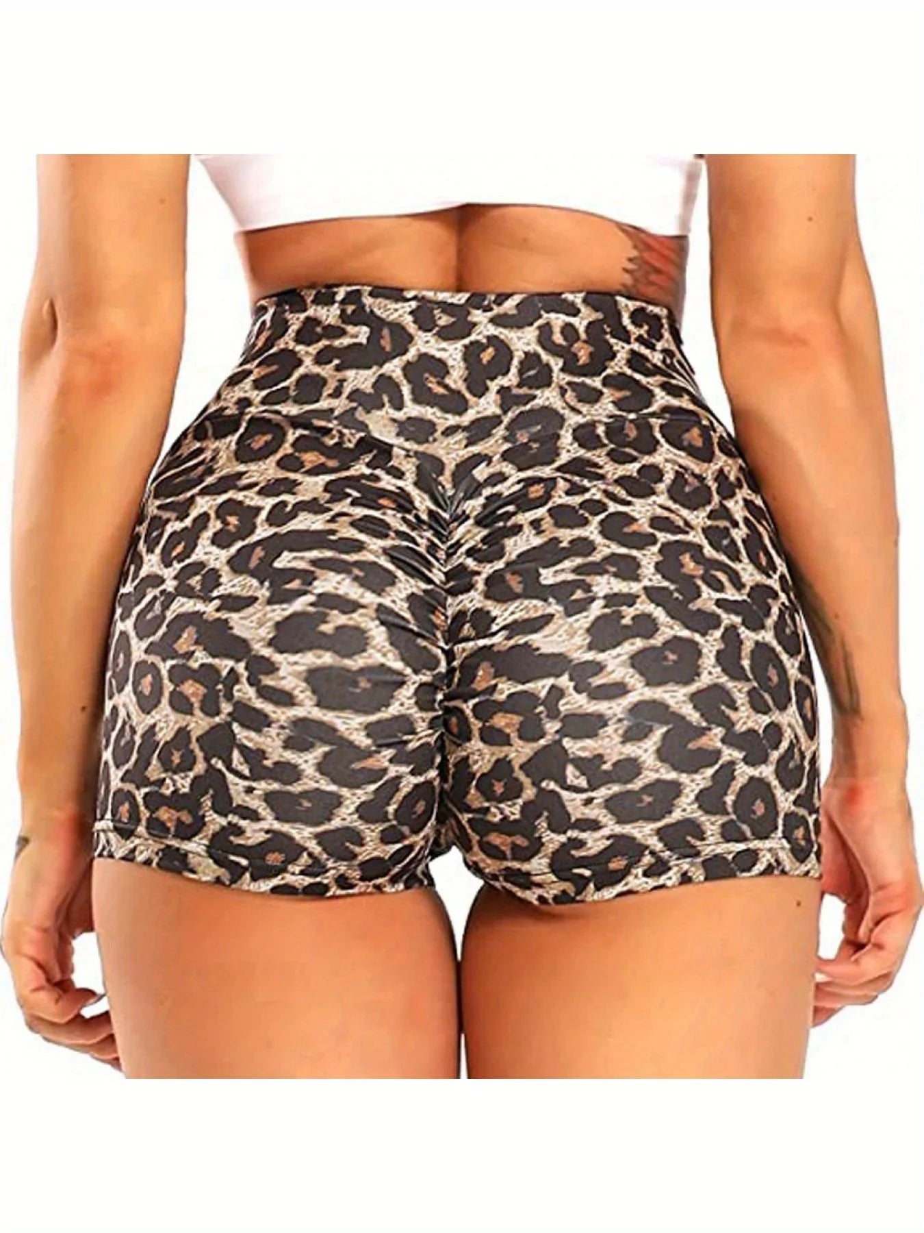 European and American Fashion Digital Print Leopard High Waist Ruched Sexy Slim Fit Butt Lifting Yoga Shorts