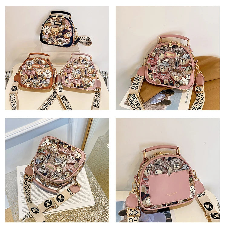 round Handbag Trend Crossbody Bag For Girl Women's Shoulder Bag Circular 2023 Fashion Bear Jacquard Pattern Lady Messenger Bag