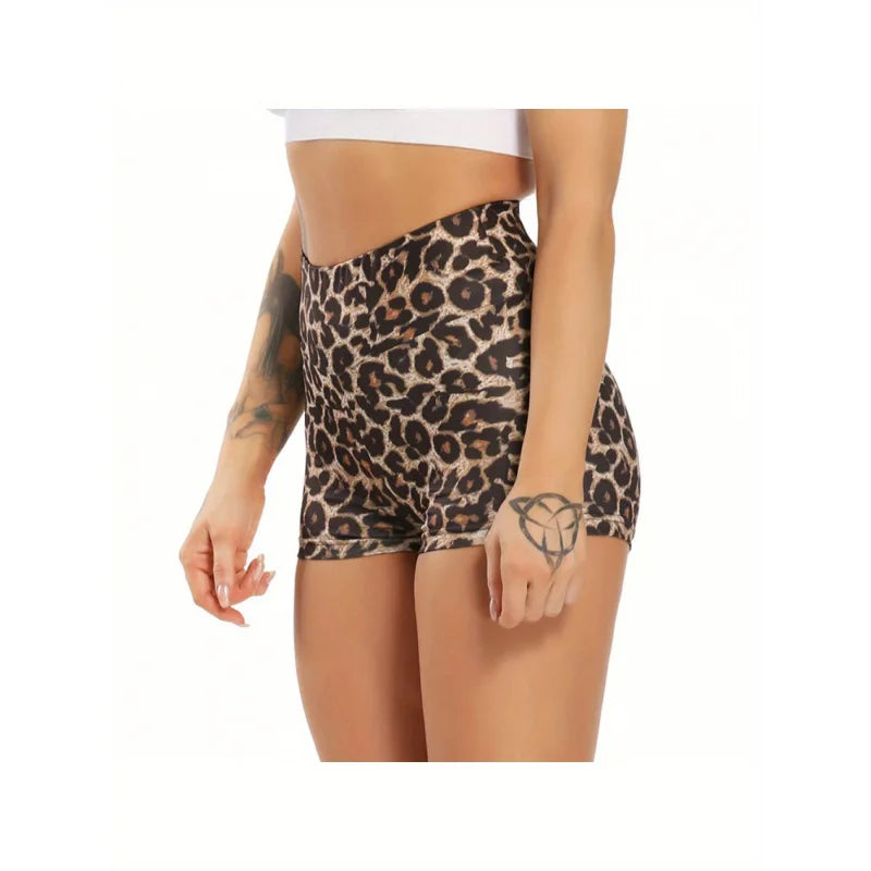 European and American Fashion Digital Print Leopard High Waist Ruched Sexy Slim Fit Butt Lifting Yoga Shorts
