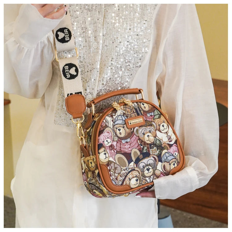 round Handbag Trend Crossbody Bag For Girl Women's Shoulder Bag Circular 2023 Fashion Bear Jacquard Pattern Lady Messenger Bag