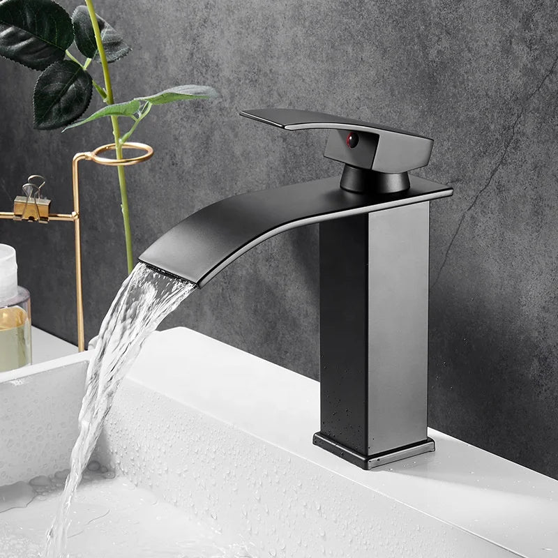 Black Waterfall Single Hole Bathroom Sink Faucets Wash Modern Water Taps Basin Mixer Faucets for Toilet