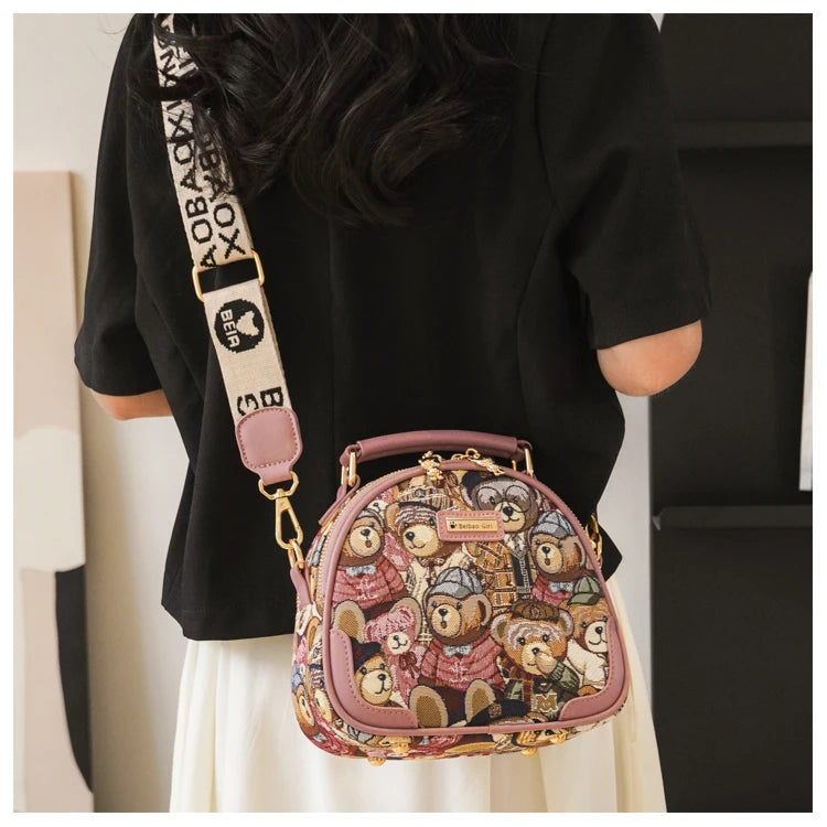 round Handbag Trend Crossbody Bag For Girl Women's Shoulder Bag Circular 2023 Fashion Bear Jacquard Pattern Lady Messenger Bag