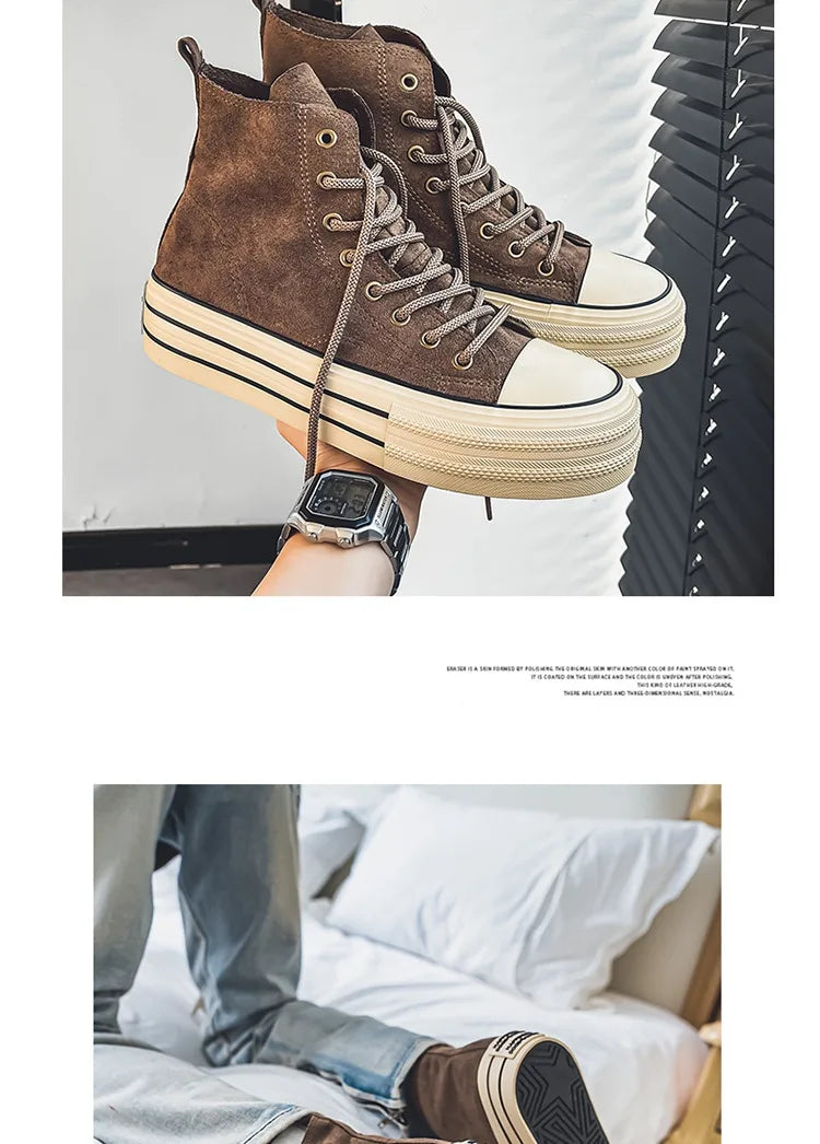 Vintage Brown Couples Casual Sneakers Comfort Suede Thick Sole Men's Shoes Trend Lace-up High Top Shoes Mens Vulcanized Sneakers