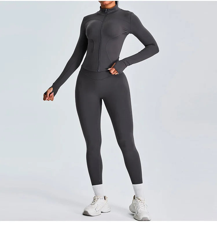 2PCS Yoga Set Workout Clothes Long Sleeve Jacket Gym Crop Top High Waist Leggings