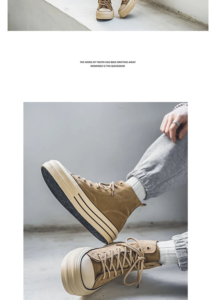 Vintage Brown Couples Casual Sneakers Comfort Suede Thick Sole Men's Shoes Trend Lace-up High Top Shoes Mens Vulcanized Sneakers