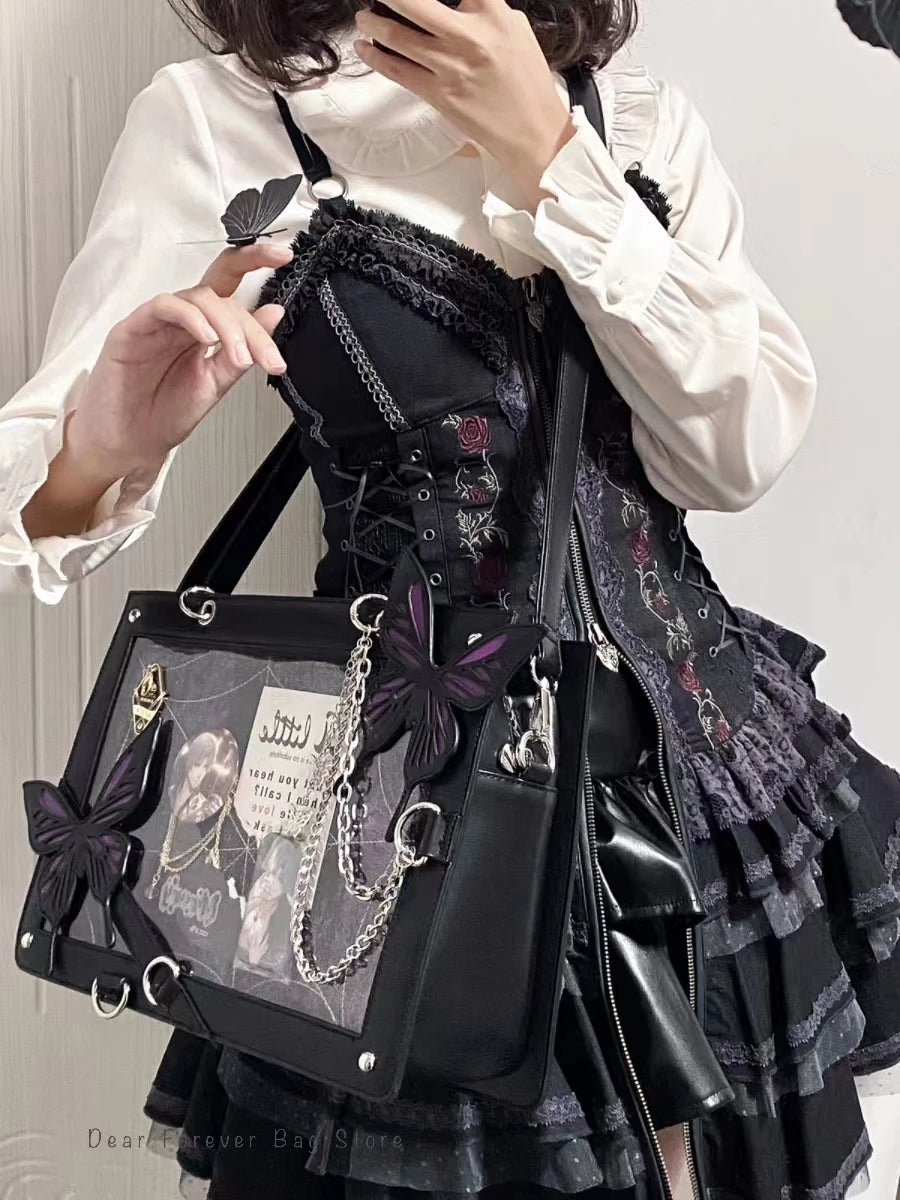 Y2K Labyrinth Butterfly Spider Web Letter Chain Handbags DIY Transparent Ita Bag Lolita Gothic Tote Vintage Fashion Shoulder Bag