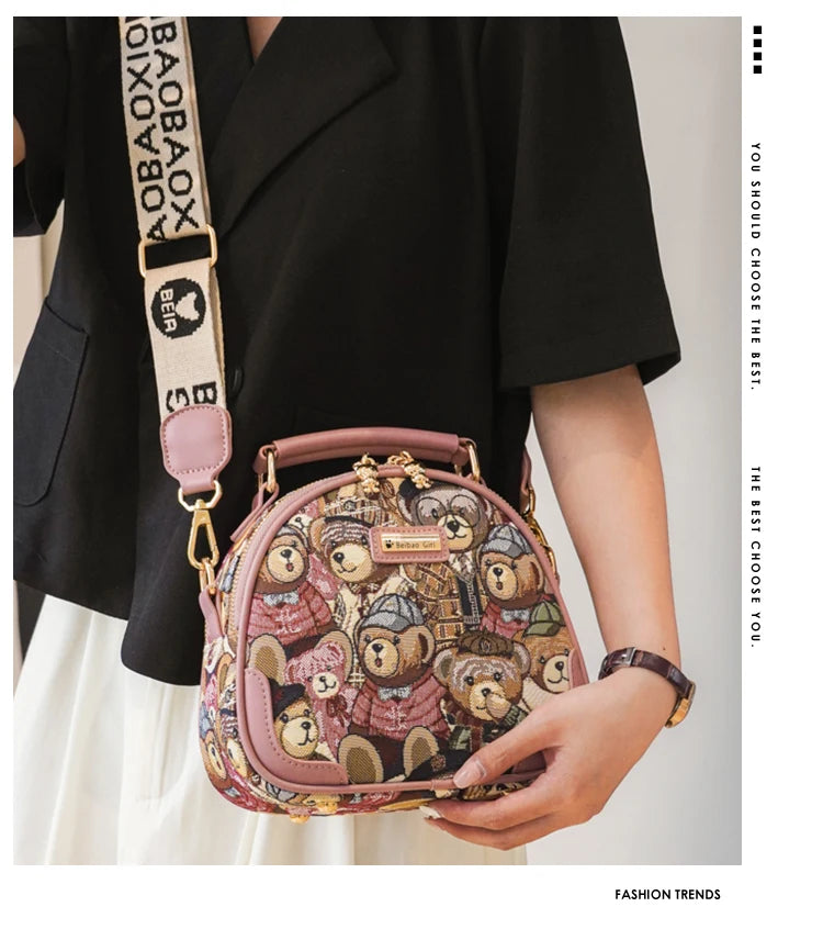 round Handbag Trend Crossbody Bag For Girl Women's Shoulder Bag Circular 2023 Fashion Bear Jacquard Pattern Lady Messenger Bag