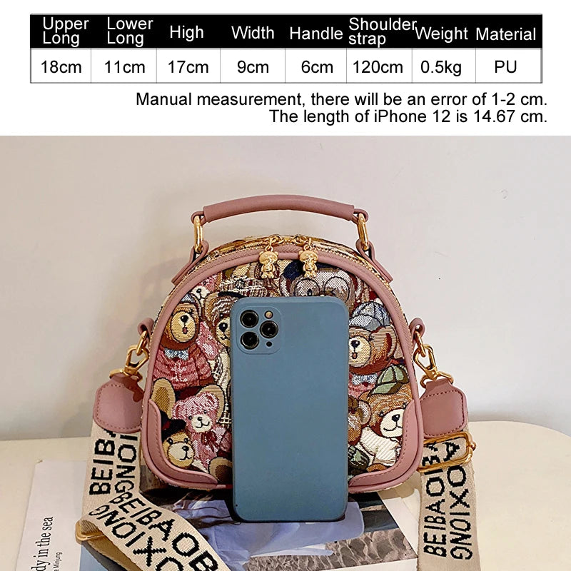 round Handbag Trend Crossbody Bag For Girl Women's Shoulder Bag Circular 2023 Fashion Bear Jacquard Pattern Lady Messenger Bag