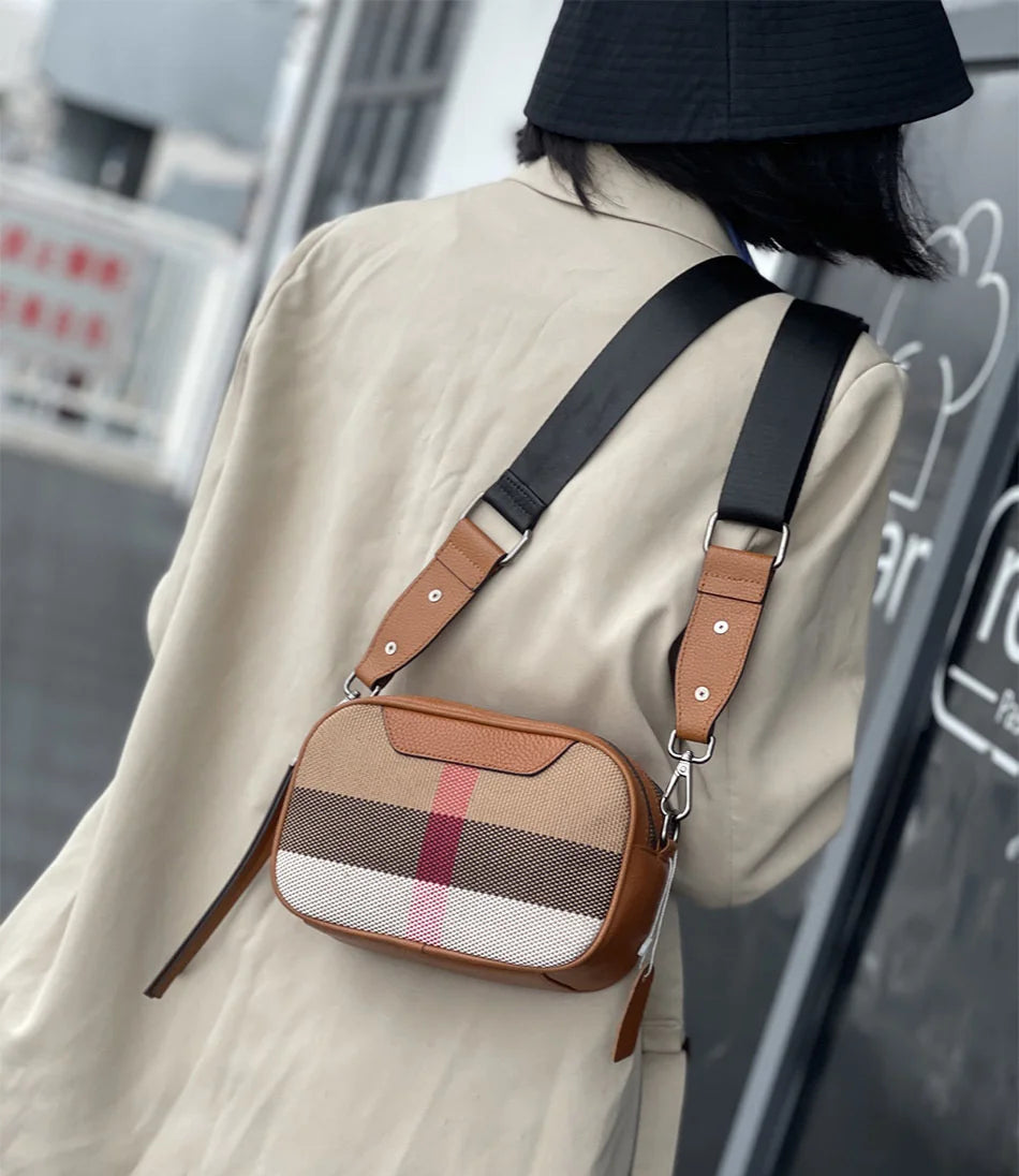 Genuine Leather Women Bag Small Canvas Crossbody Handbag Wide Strap Trendy Square Flap Designer Luxury Sling Shoulder Bags Box