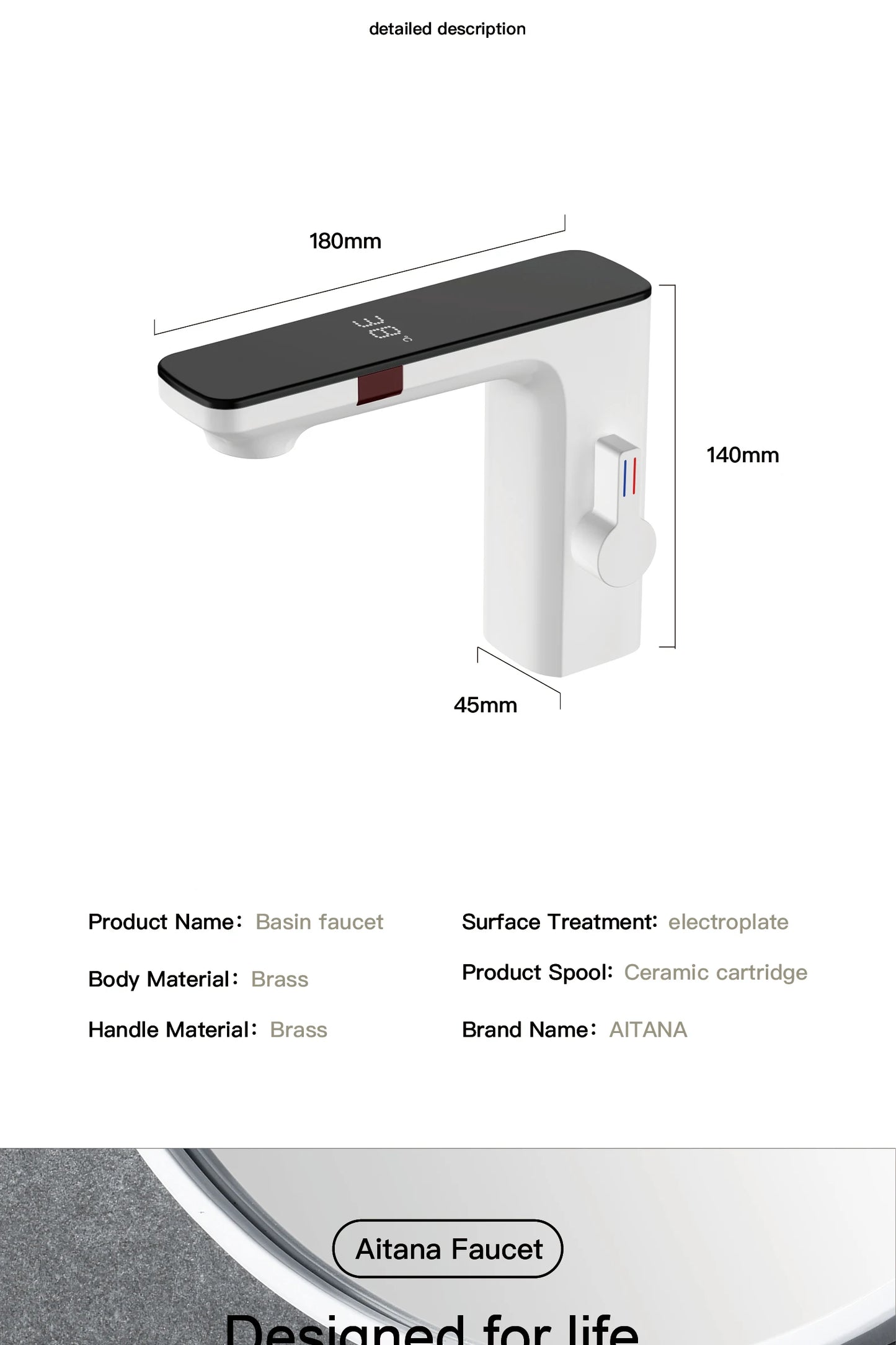 White intelligent brass bathroom faucet induction design LED light temperature display 1 hole single handle cold & hot basin Tap