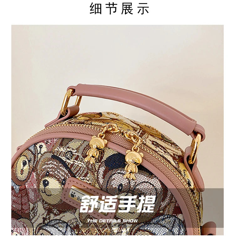 round Handbag Trend Crossbody Bag For Girl Women's Shoulder Bag Circular 2023 Fashion Bear Jacquard Pattern Lady Messenger Bag