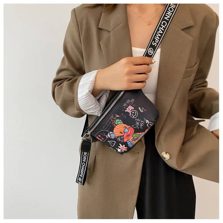 Graffiti Small Bear Robot Chest Bags Handbag Women Funny Pack Soft Leather Light Travel Small Bag Printed Shoulder Crossbody Bag