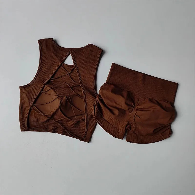 Backless Vest Yoga Exercise Fitness Suit Lifting Shorts Set
