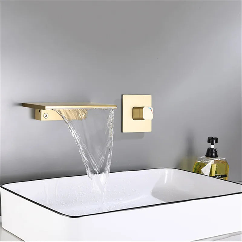 Gun Grey Bathroom Basin Faucets Soild Brass Sink Mixer Hot & Cold In-Wall Single Handle 2 Holes Lavatory Crane Waterfall Taps