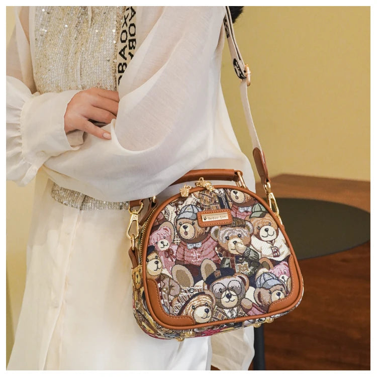 round Handbag Trend Crossbody Bag For Girl Women's Shoulder Bag Circular 2023 Fashion Bear Jacquard Pattern Lady Messenger Bag