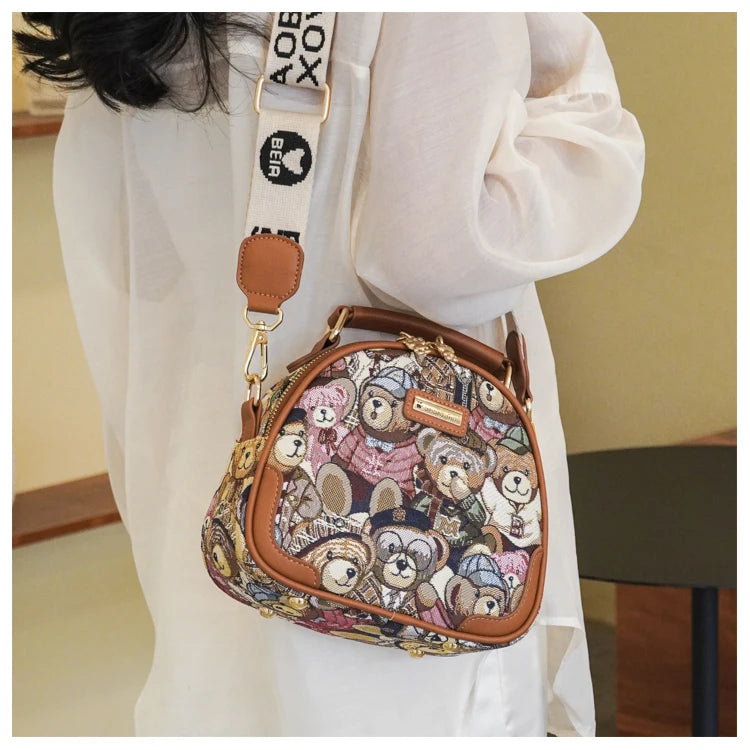 round Handbag Trend Crossbody Bag For Girl Women's Shoulder Bag Circular 2023 Fashion Bear Jacquard Pattern Lady Messenger Bag