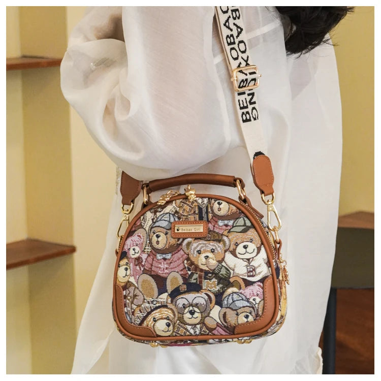 round Handbag Trend Crossbody Bag For Girl Women's Shoulder Bag Circular 2023 Fashion Bear Jacquard Pattern Lady Messenger Bag